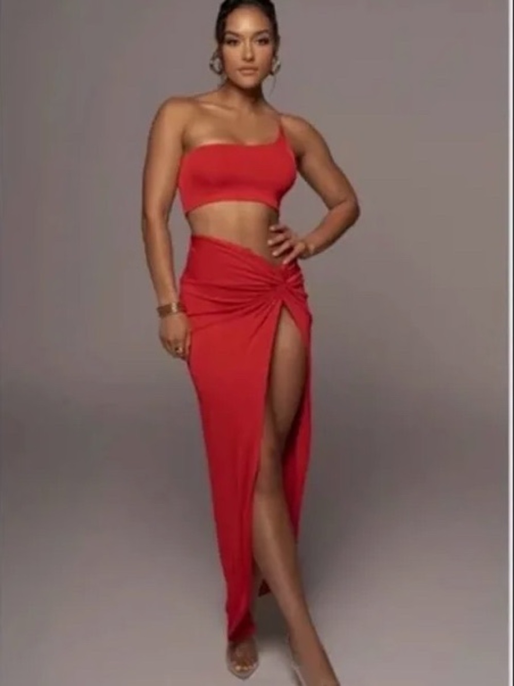 JLUXLABEL Red High-Slit Maxi Skirt Set